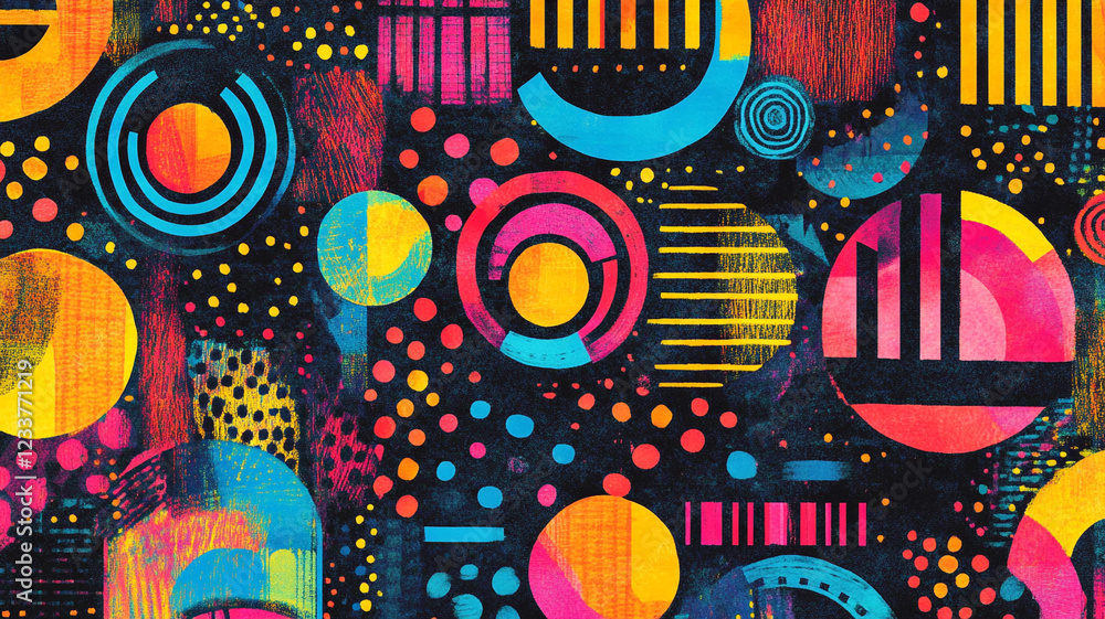 Vibrant Geometric Abstract: A dynamic and colorful abstract artwork featuring a collage of circles, lines, and dots in a vibrant palette of pink, orange, yellow, and blue against a dark background. Vibrant Geometric Abstract: A dynamic and colorful abstract artwork featuring a collage of circles, lines, and dots in a vibrant palette of pink, orange, yellow, and blue against a dark background.