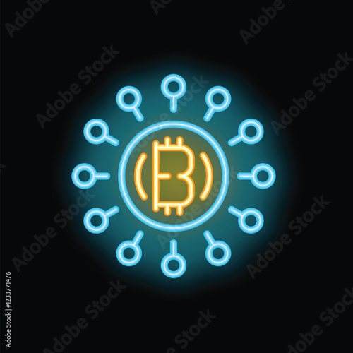 Neon sign is glowing, showing bitcoin's symbol at the center of interconnected nodes, symbolizing the decentralized nature of cryptocurrency