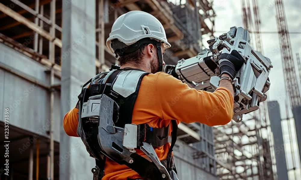 Construction worker in exoskeleton gear operating a robotic arm at a ...