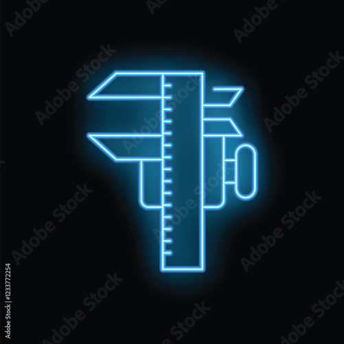 Blue neon sign of a vernier caliper glowing on a dark background, representing engineering and precision measurement