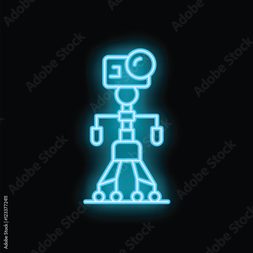 Blue glowing neon line action camera on a tripod icon isolated on black background