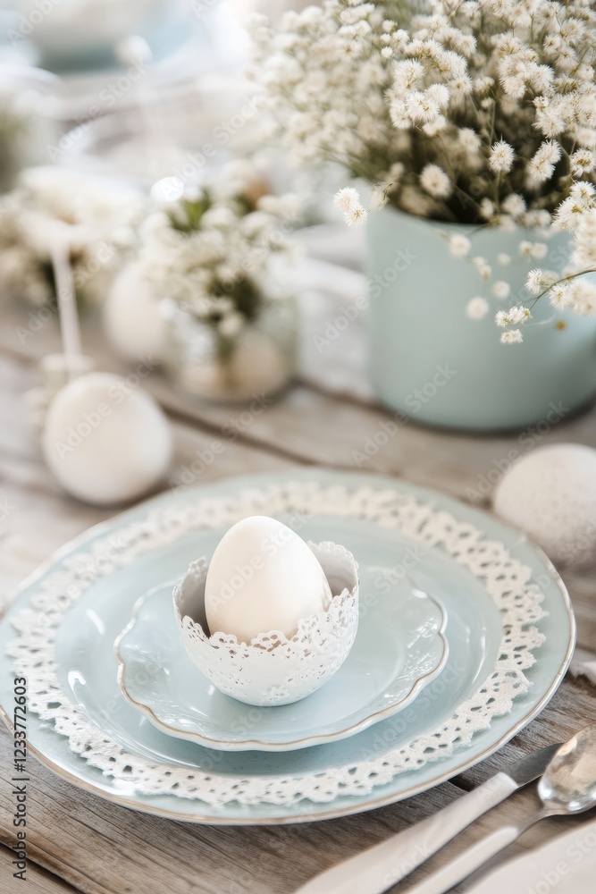Elegant table setting with white egg in decorative holder and floral decor. Elegant table setting with white egg in decorative holder and floral decor.