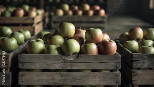 Organic ripe apples in wooden boxes at the warehouse photo