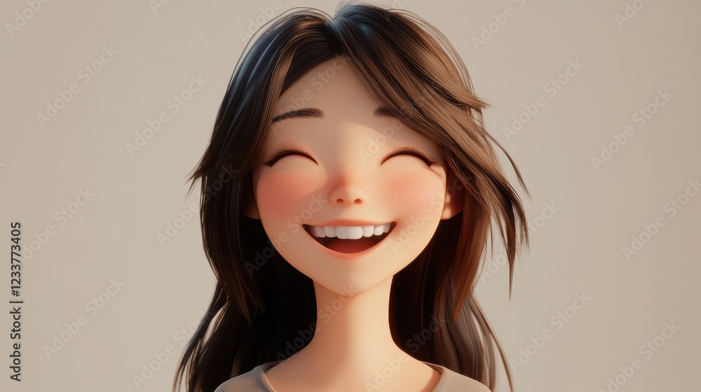 A joyful and vibrant 3D cartoon character of a young Asian girl with brown hair, smiling and laughing.