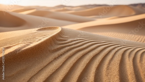 Fototapeta Naklejka Na Ścianę i Meble -  Golden sand dunes in the sunlight create a warm and inviting texture close up.