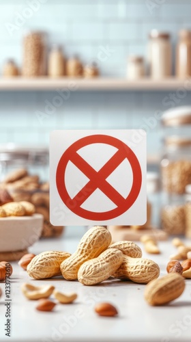Peanut allergy warning sign in a kitchen with nuts and shelves in background