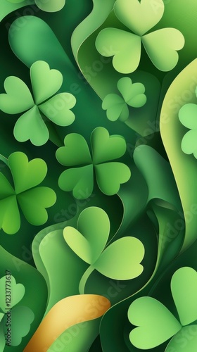 Seamless abstract green clover pattern with papercut effect