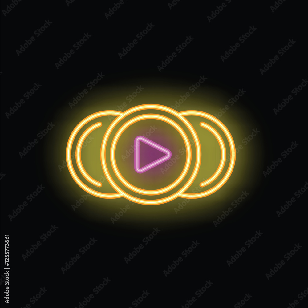 Fototapeta premium Glowing neon play button is shining in purple and yellow light on a black background
