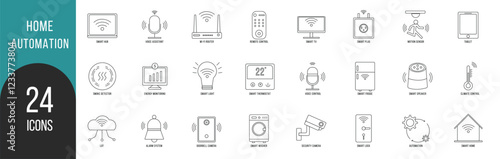 Home automation icon set. Containing smart home, voice control, IoT, smart TV, security camera, climate control, voice assistant and and smart hub.