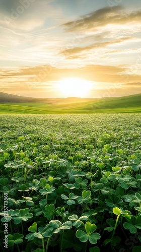 Vibrant clover field at sunrise with lush greenery and rolling hills