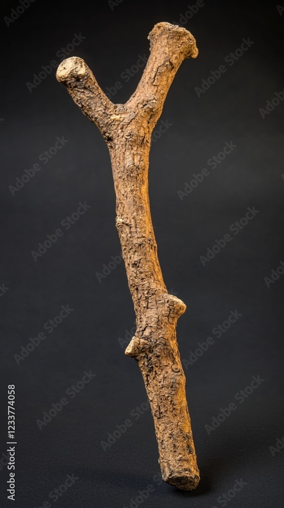 Fototapeta premium Brown tree branch with rough texture against a dark background in a studio setting