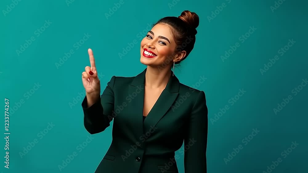 Confident businesswoman in a green suit smiling and gesturing with one finger against a teal backdrop Confident businesswoman in a green suit smiling and gesturing with one finger against a teal backdrop