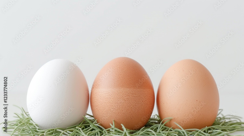 Eggs Sitting on Green Grass with a Soft White Background, Ideal for Culinary, Farm, Organic, or Healthy Lifestyle Themes in Stock Photography Eggs Sitting on Green Grass with a Soft White Background, Ideal for Culinary, Farm, Organic, or Healthy Lifestyle Themes in Stock Photography