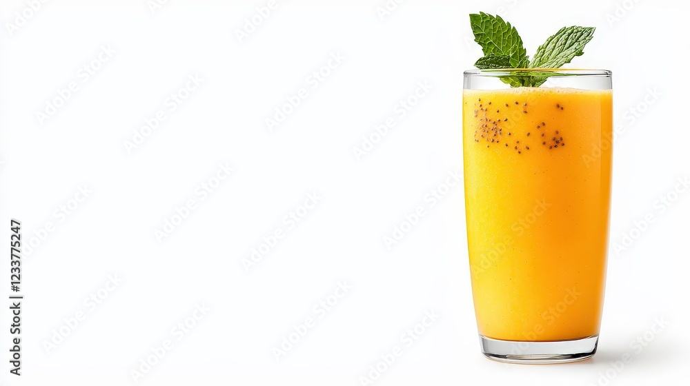 A glass of orange juice with a green leaf on top A glass of orange juice with a green leaf on top