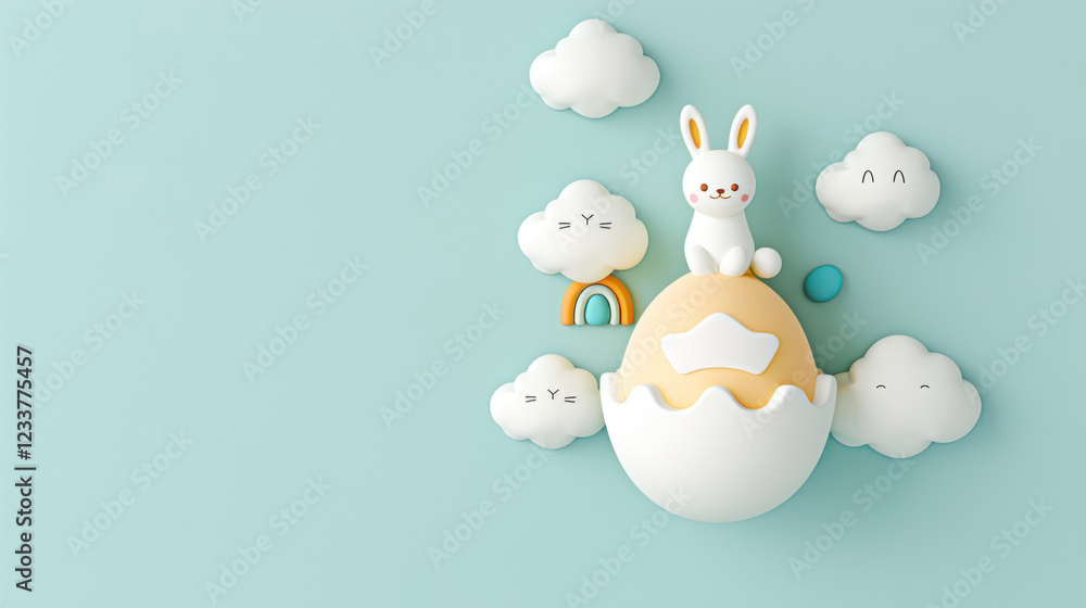 Easter Bunny on Colorful Egg Surrounded by Clouds and Rainbows, Perfect for Spring or Easter-Themed Stock Images and Celebratory Designs Easter Bunny on Colorful Egg Surrounded by Clouds and Rainbows, Perfect for Spring or Easter-Themed Stock Images and Celebratory Designs