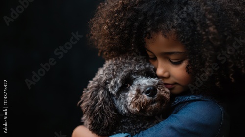 A little girl with curly hair embraces a big, furry dog against a dark background. photo