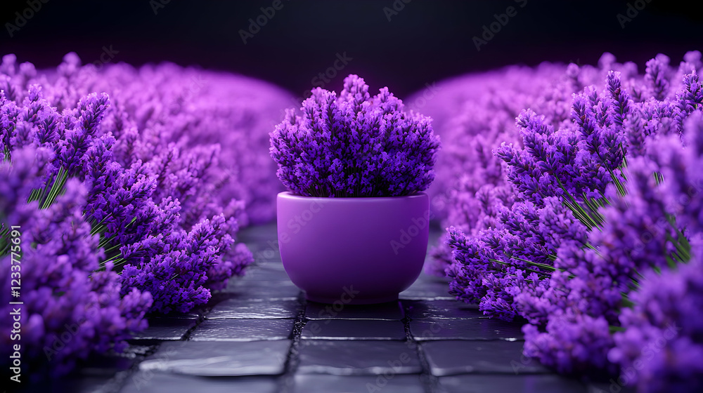 Fototapeta premium Purple Lavender Plant in Pot Surrounded by Flowers