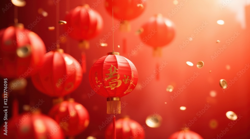 Vibrant Display of Traditional Red Lanterns Illuminated in a Festive Atmosphere with a Touch of Gold Coins Vibrant Display of Traditional Red Lanterns Illuminated in a Festive Atmosphere with a Touch of Gold Coins