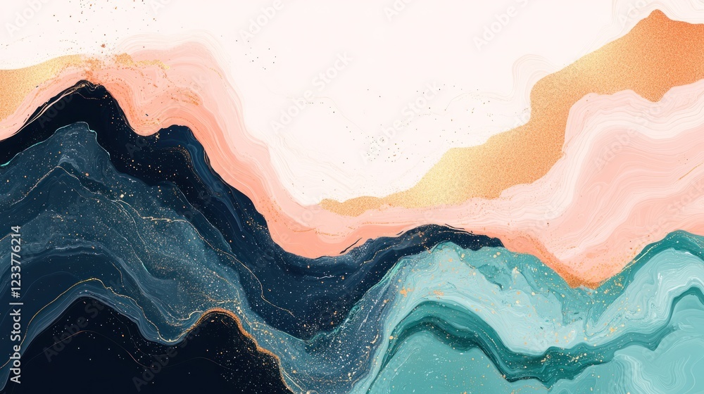 Fototapeta premium Abstract gold, teal, pink fluid art landscape background