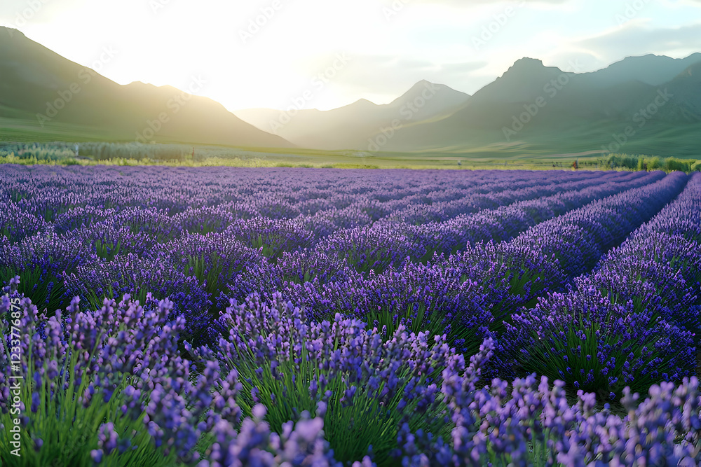 Naklejka premium Tranquil Lavender Field at Sunset with Mountain Background