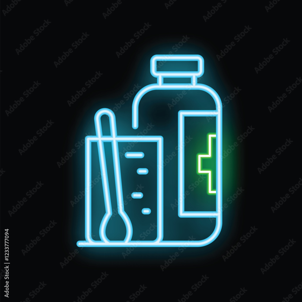 Neon sign illustrating a bottle of cough syrup with a measuring cup and spoon resting on a countertop Neon sign illustrating a bottle of cough syrup with a measuring cup and spoon resting on a countertop