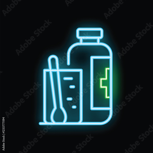 Neon sign illustrating a bottle of cough syrup with a measuring cup and spoon resting on a countertop