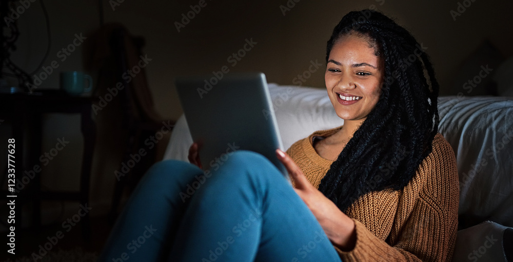 Night, bedroom and woman on tablet with smile for social media, reading ebook and internet. Home, happy and person on digital tech for entertainment, streaming subscription or watching videos in dark Night, bedroom and woman on tablet with smile for social media, reading ebook and internet. Home, happy and person on digital tech for entertainment, streaming subscription or watching videos in dark