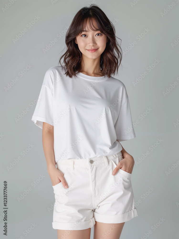 Simple White Tshirt Front View on Asian Female Model for Mockups