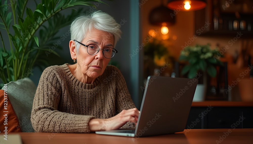 Senior woman with focused expression typing on laptop in cozy indoor environment Senior woman with focused expression typing on laptop in cozy indoor environment