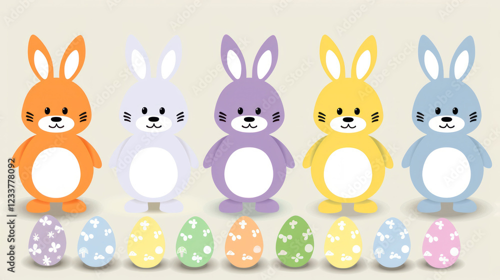 Cartoon Easter Bunnies with Easter Eggs in a Cheerful Arrangement for a Festive Spring Celebration or Holiday Decoration Cartoon Easter Bunnies with Easter Eggs in a Cheerful Arrangement for a Festive Spring Celebration or Holiday Decoration