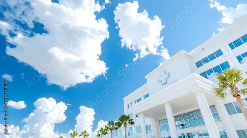 Modern hospital under sunny sky, palm trees, healthcare
