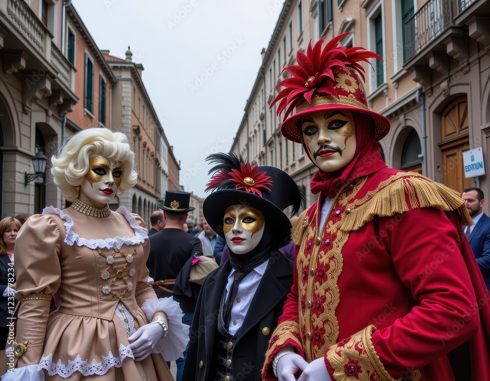 Masks and costumes create a vibrant atmosphere during a festival in a historic city street Masks and costumes create a vibrant atmosphere during a festival in a historic city street