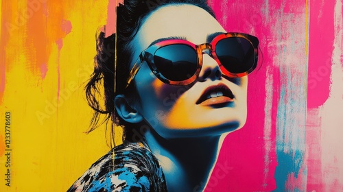 A modern collage featuring bright colors and pop art style, showcasing a young woman wearing sunglasses. photo