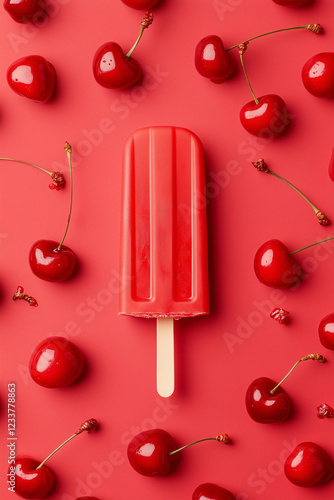 deep red popsicle melts slowly against a rich crimson backdrop, surrounded by glistening red cherries.luxury summer treats, fruit-based desserts, refreshing cherry-flavored products, gourmet poster fl photo