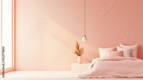 A modern minimalist bedroom features a soft peach fuzz color on the empty wall, creating a serene and stylish atmosphere. photo