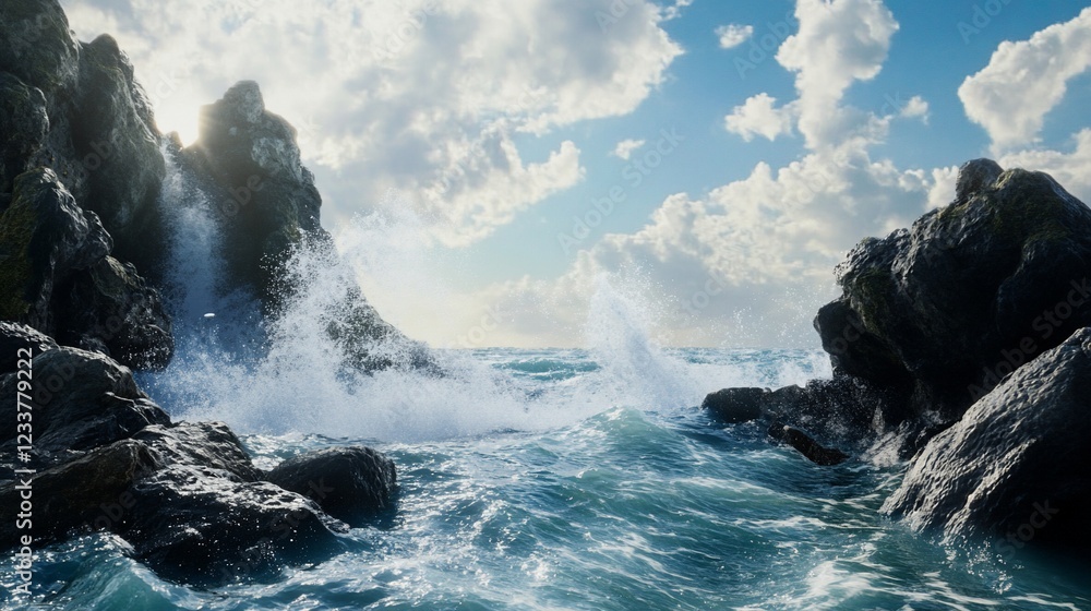 Waves crashing against rocky cliffs on a sunny day creating a dramatic seascape Waves crashing against rocky cliffs on a sunny day creating a dramatic seascape