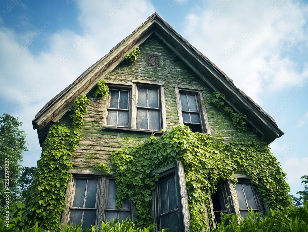 Abandoned House Covered in Green Ivy with Weathered Wooden Exterior and Cloudy Sky Abandoned House Covered in Green Ivy with Weathered Wooden Exterior and Cloudy Sky