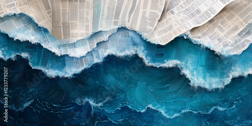 An artistic composition where rolling waves merge seamlessly with torn newspaper pages, creating a striking visual contrast.  