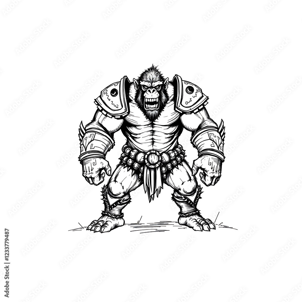 Fototapeta premium Hand-Drawn Warrior Chimp with Ornate Armor