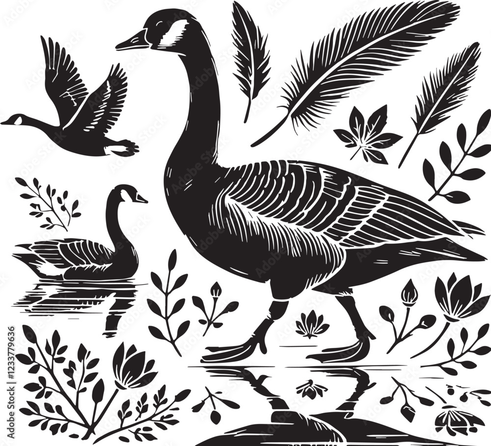 Fototapeta premium Black Goose Silhouette Vector, High Quality Illustration on White Background