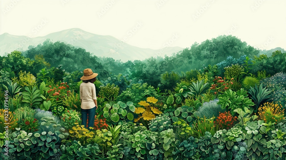 Fototapeta premium A farmer revitalizes their land by switching to permaculture, captured in lush flat design art
