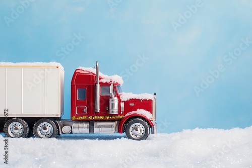 A red semi truck is covered in snow and decorated with Christmas lights