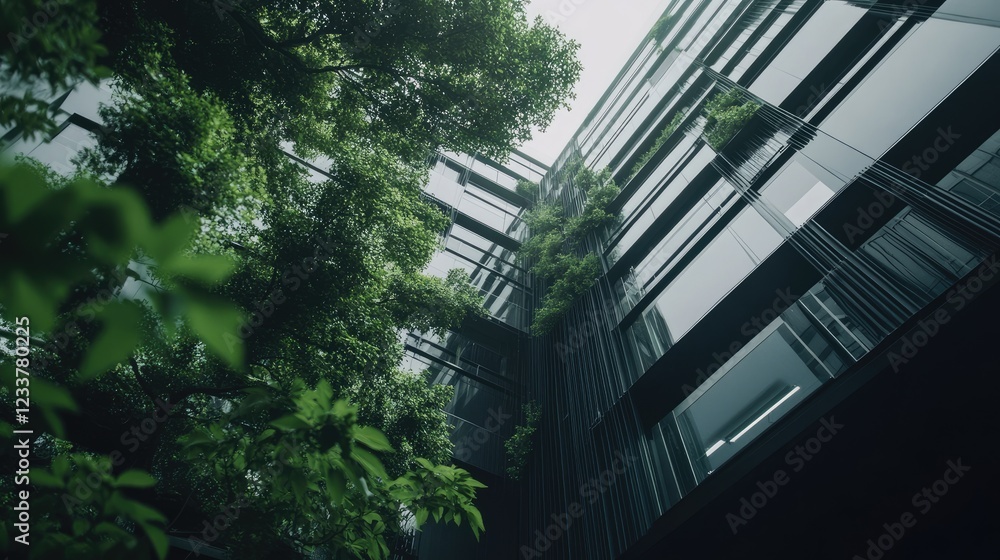 Low angle of a modern office building with green plants and trees Low angle of a modern office building with green plants and trees