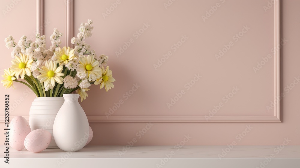 Springtime Floral Arrangement with Soft Pink Background and Decorative Eggs for Seasonal Home Decor Inspiration and Celebrations in a Minimalist Style Springtime Floral Arrangement with Soft Pink Background and Decorative Eggs for Seasonal Home Decor Inspiration and Celebrations in a Minimalist Style
