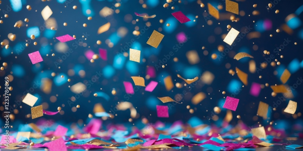 Dreamy confetti in gold magenta and cyan on dark blue background. Dreamy confetti in gold magenta and cyan on dark blue background.