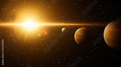 A stunning view of a bright sun and multiple planets in a starry space, showcasing the beauty of the solar system. photo