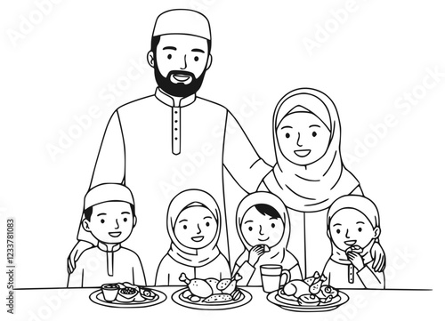 Vector outline art of a Muslim family celebrating Ramadan festival. 