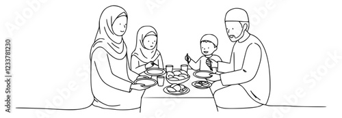 Vector outline art of a Muslim family celebrating Ramadan festival. 