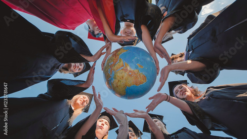 Students in graduation gowns encircling a globe, signaling their preparedness for international opportunities