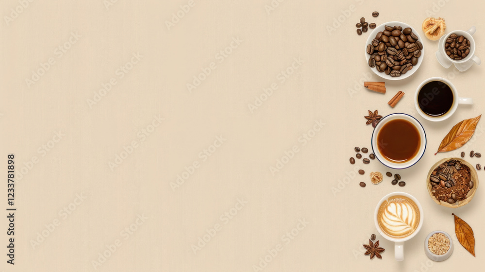 Obraz premium Assorted Coffee Drinks and Ingredients on Beige Background with Coffee Beans, Cinnamon Sticks, and Pastries for Café, Coffee Shop, or Food Photography